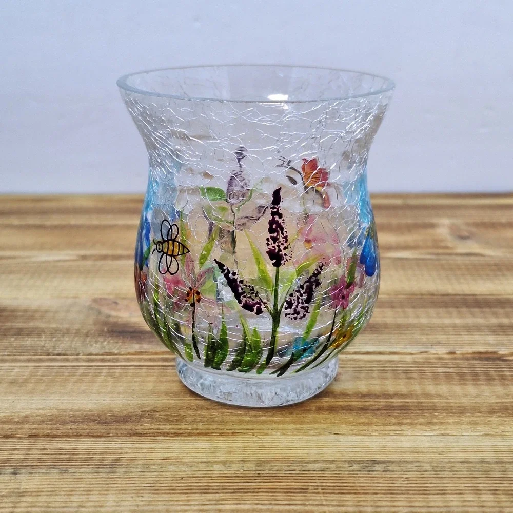 Crackle Glass Vase With Painted Flowers  3.5